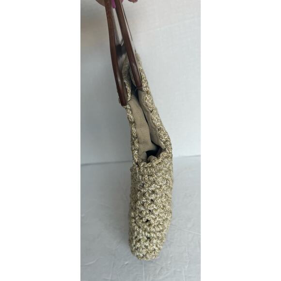 Handmade Ivory/Brown Boho Crochet Knit Macrame Beaded Wooden Handles Bag Purse - Picture 4 of 8